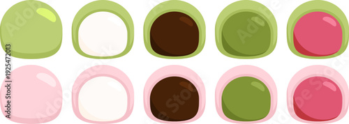 set of mochi daifuku dessert matcha strawberry ice cream ball japanese