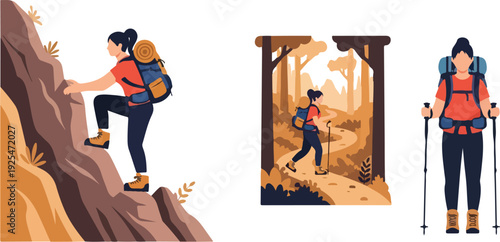 Hiker Vector Set Collection – Mountain Trekking and Camping Adventure Characters and Icons