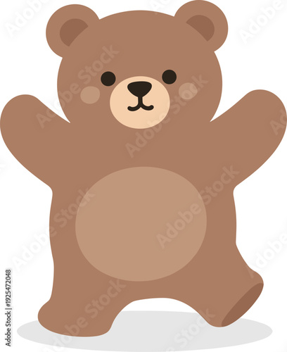 Cute cartoon teddy bear standing with its arms up in a cheerful pose on white