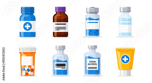 Collection of Various Medical Bottles and Ointment Tube.