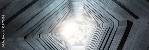 Abstract building facade concrete void or tunnel with natural light in the end in twist view