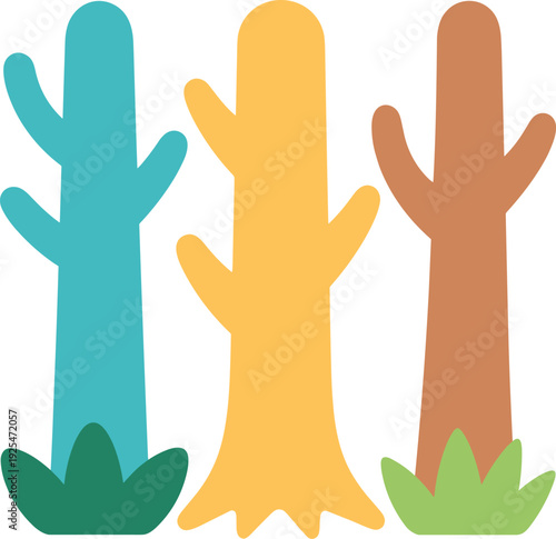 Three stylized trees in a row with colorful trunks and green bushes at the base