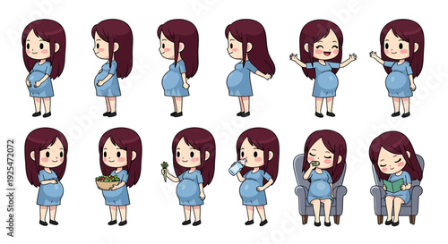 Cute Pregnant Woman Character Collection Showing Different Poses and Activities.