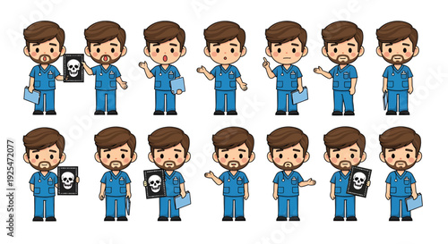 Cute Cartoon Doctor Character Set with Medical Icons.