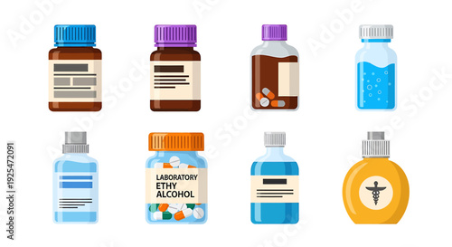 Collection of Various Medicine and Health Bottles.