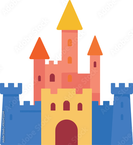Illustration of a simplistic colorful castle against a white background
