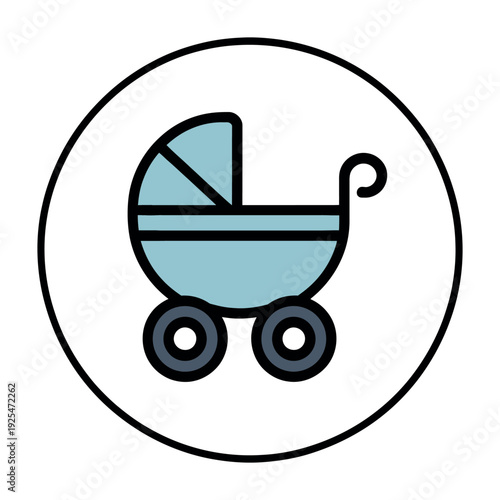 A simple icon of a baby stroller in a circle