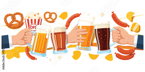 Beer party celebration illustration, Oktoberfest festive artwork, social gathering design tribute, pub drink graphic, camaraderie concept, snack enjoyment theme flat vector illustration