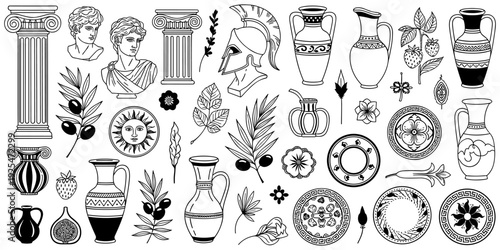 Ancient Greek culture illustration, classical antiquity artwork, historical architecture design tribute, traditional artifact concept, cultural symbolism theme flat vector illustration