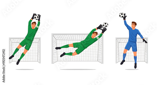 Three Goalkeepers in Action Saving Soccer Balls Near Goalposts.