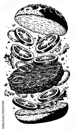 Hand-drawn black-and-white burger illustration showcasing stacked bun, juicy patty, fresh tomato slices from a close-up viewpoint