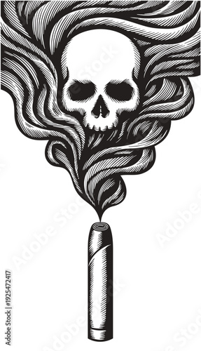 Close‑up view of a skull illustration with swirling smoke forming wave patterns, conveying mortality in a stark white environment