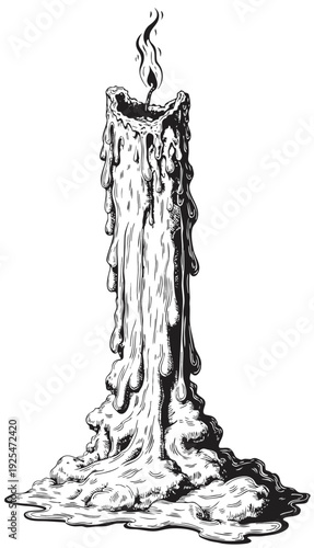 Close-up view of a tall thin candle illustration, flame lit, wax dripping down sides, captured in stark black-and-white composition