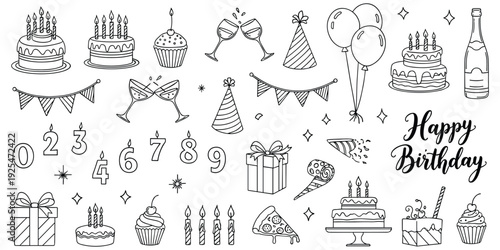Birthday party celebration illustration, festive holiday artwork, cake candle design tribute, joyful event graphic, anniversary concept, gift balloon theme flat vector illustration