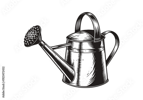 Black and white illustration of a watering can with left-pointing spout, viewed frontally, emphasizing its detailed handle, lid and elegant design