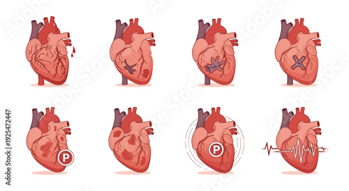 Anatomical Heart Illustrations Depicting Various Medical Conditions and Functions.