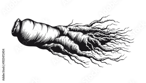 Close-up illustration of ginger root texture with detailed shading, highlighting its bulbous shape and branching roots in a plain setting