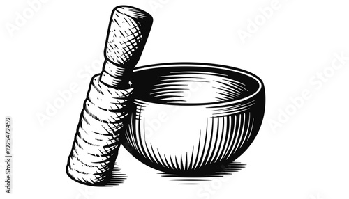 Side view illustration showcasing a metal mortar and pestle rendered in detailed hatching style against a plain minimalist background