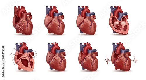 Anatomy of the Human Heart Showing Different Views and Conditions.
