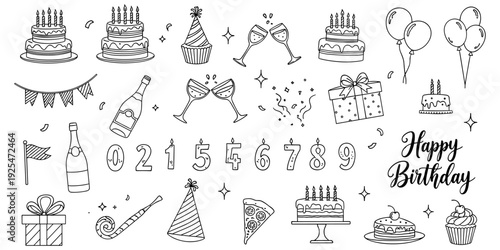 Birthday party celebration illustration, festive holiday artwork, gift balloon design tribute, cake candle graphic, joyful event concept, anniversary theme flat vector illustration