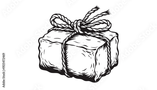 Elegant front-facing view of a wrapped rectangle gift with paper twine wrapping knot on a plain white background, illustration in monochrome