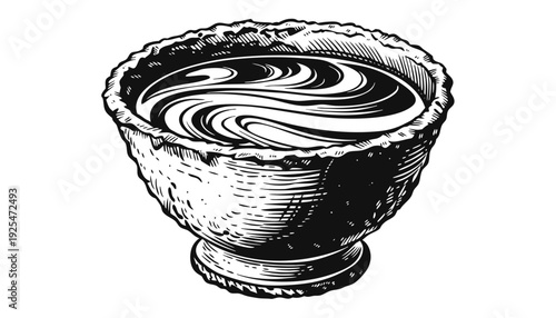 Elegant Black-and-White Illustration of Ornate Bowl with Swirling Dark Liquid, Three-Quarter View, Clean White Background