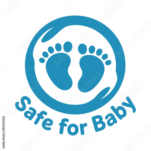 A blue logo with baby feet and the words Safe for Baby