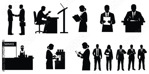Business and service role silhouette illustration, corporate teamwork artwork, professional communication design tribute, workplace diversity graphic, customer service flat vector illustration