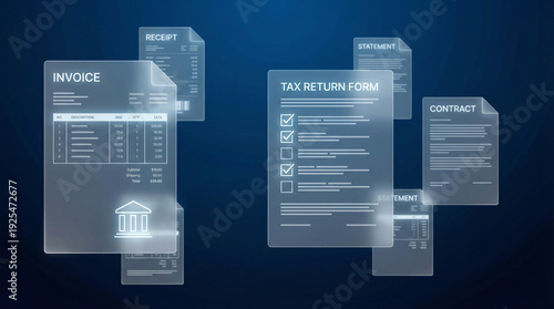 Digital Financial Documents Mockup: Invoice, Tax Return, Contract, Receipt Templates on Blue Background, Business Finance Concept