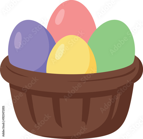 Basket with colorful easter eggs in pink, yellow, green and purple color