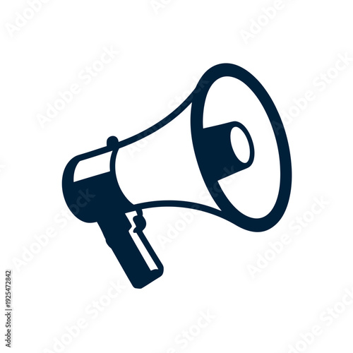 A navy blue graphic illustration of a megaphone on white