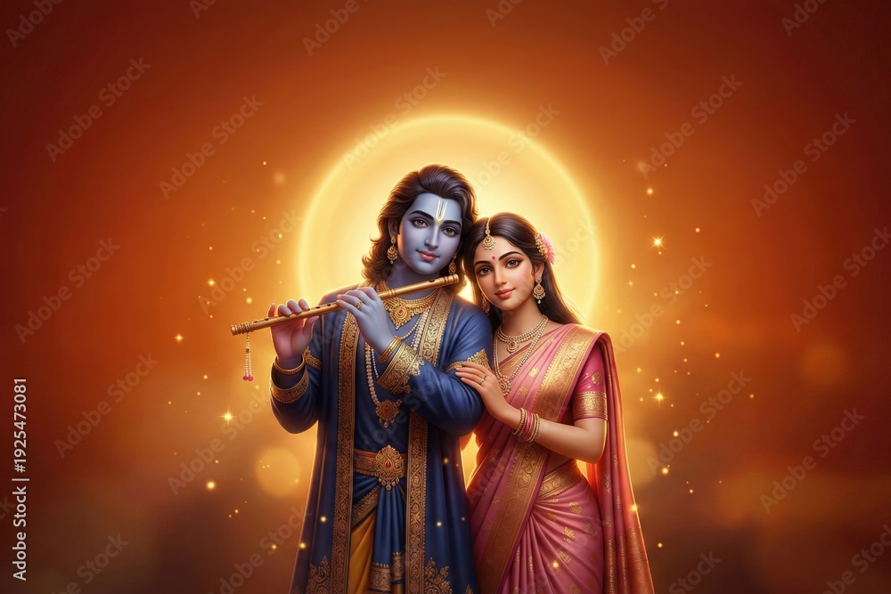 Obraz premium Radha Krishna Golden Festival Glow Illustration. Cinematic Divine Love Spiritual Background With Radiant Halo.