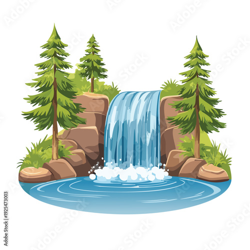 Cartoon waterfall with trees and rocks