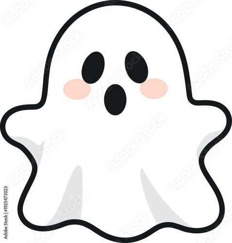 Cute little ghost with rosy cheeks floating around on a white background