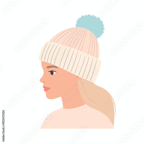 A young woman wearing a hat with a pompom, illustration, profile view