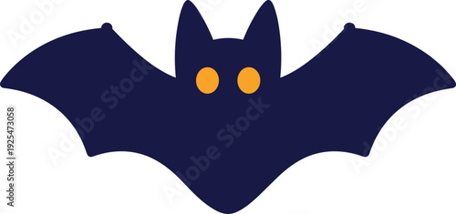 Simple graphic of a dark blue bat with orange eyes on a white background