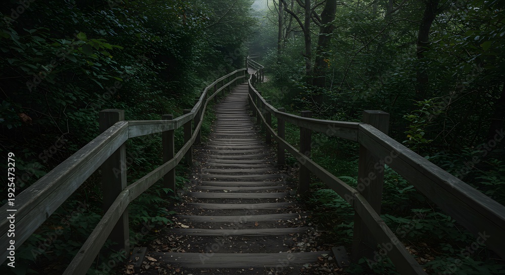 Fototapeta premium Wooden staircase path winds through lush, dark forest, disappearing into the misty distance