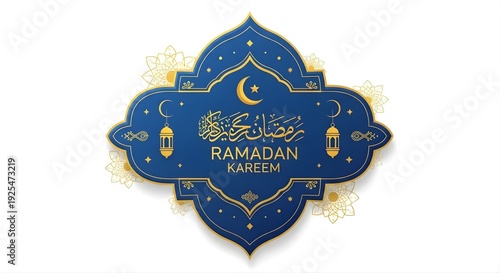 Ramadan Kareem Blue Gold Banner with Arabic Calligraphy & Lantern