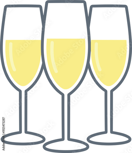 Three champagne flutes filled with golden liquid isolated on white backdrop