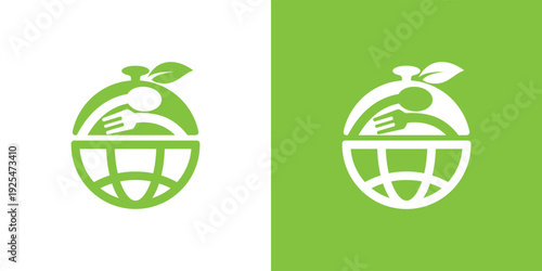 Global food concept logo with fork spoon and leaves green color.