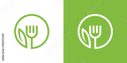Green fork and leaf logo design healthy food concept organic and natural.