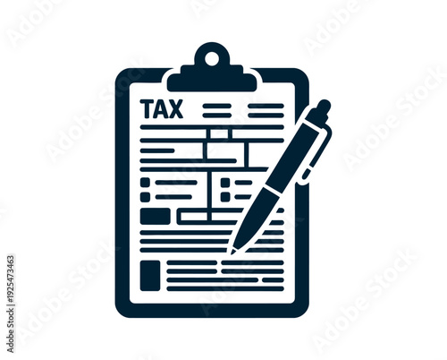 A graphic illustration of a tax form on a clipboard with a pen