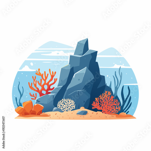 An illustrative depiction of a vibrant underwater world with a rocky reef and colorful coral
