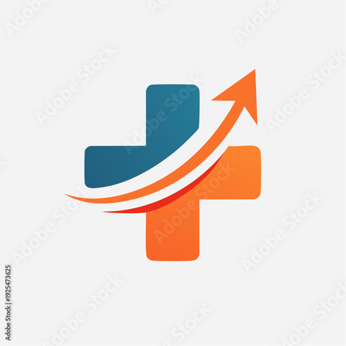 Healthcare growth icon with an upward trending arrow and blue and orange plus sign