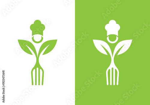Healthy food chef logo design with green leaves and fork.