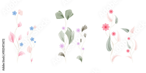 Three graceful watercolor botanical arrangements feature colorful leaves and delicate flowers on slender stems.