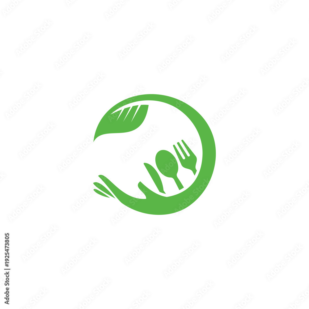 Fototapeta premium Healthy food logo with hand leaf spoon fork and knife.
