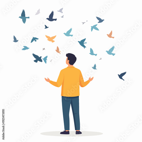 Man standing with arms outstretched as birds fly around him in various directions