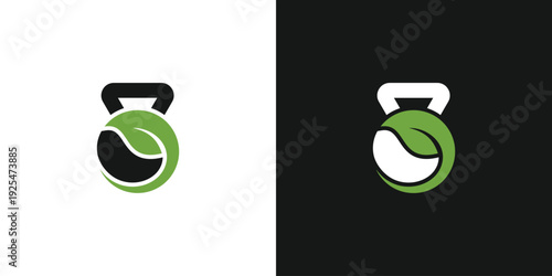 Kettlebell with leaf logo design for healthy lifestyle and fitness.