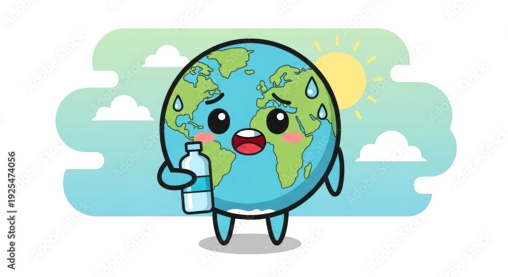 Fototapeta premium Cartoon Earth Sweating Holding Water Bottle Under Hot Sun Global Warming Concept